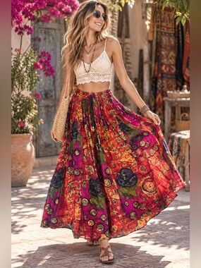 Vintage 90s Festival Maxi Skirt Boho Eclectic Abstract Colorful Indie Flowy Red